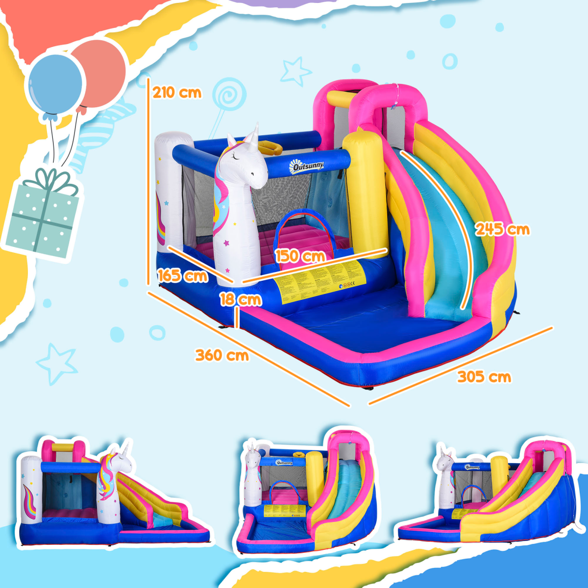 Outsunny 5 in 1 Bouncy Castle with Slide, Pool, Trampoline, Climbing Wall & Blower – Kids Ages 3-8