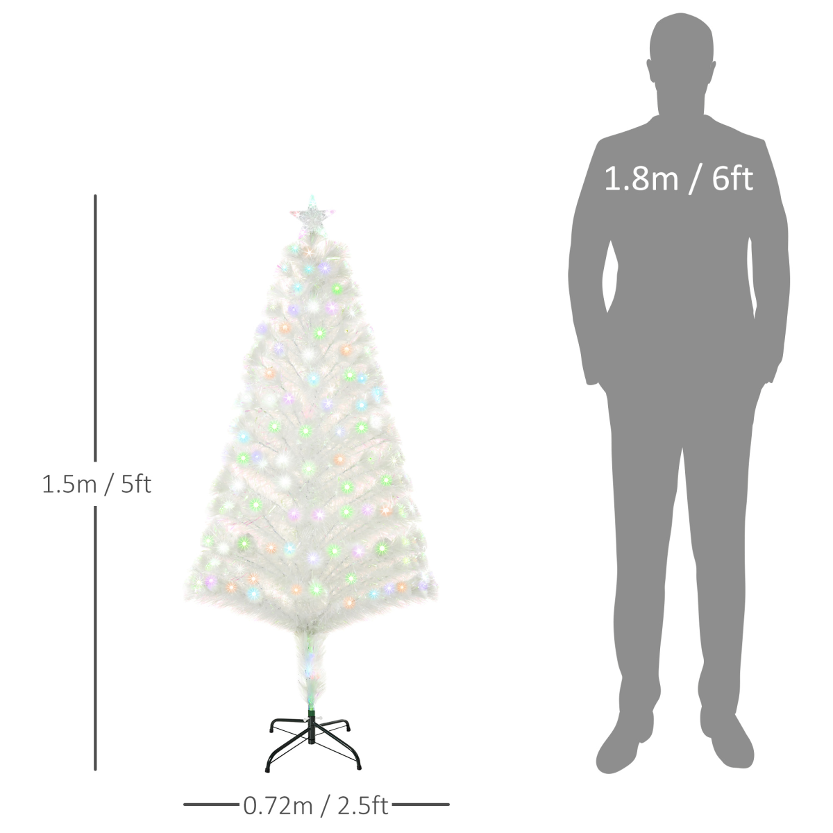 HOMCOM 5ft Pre-Lit Fibre Optic Artificial Christmas Tree with Multi-Coloured LEDs – Festive Decoration, White