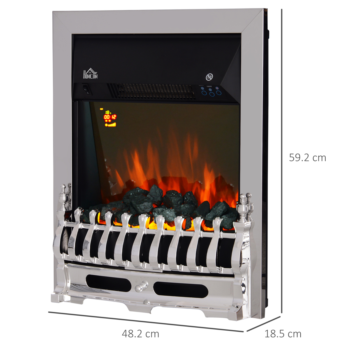 HOMCOM LED Flame Electric Fire with 1000W/2000W Heat and Coal Effect – Embedded Fireplace, Silver