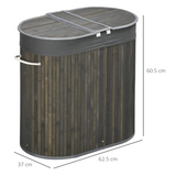 HOMCOM 100L Bamboo Laundry Basket with 2 Compartments, Lid and Removable Lining – Washing Hamper, Grey