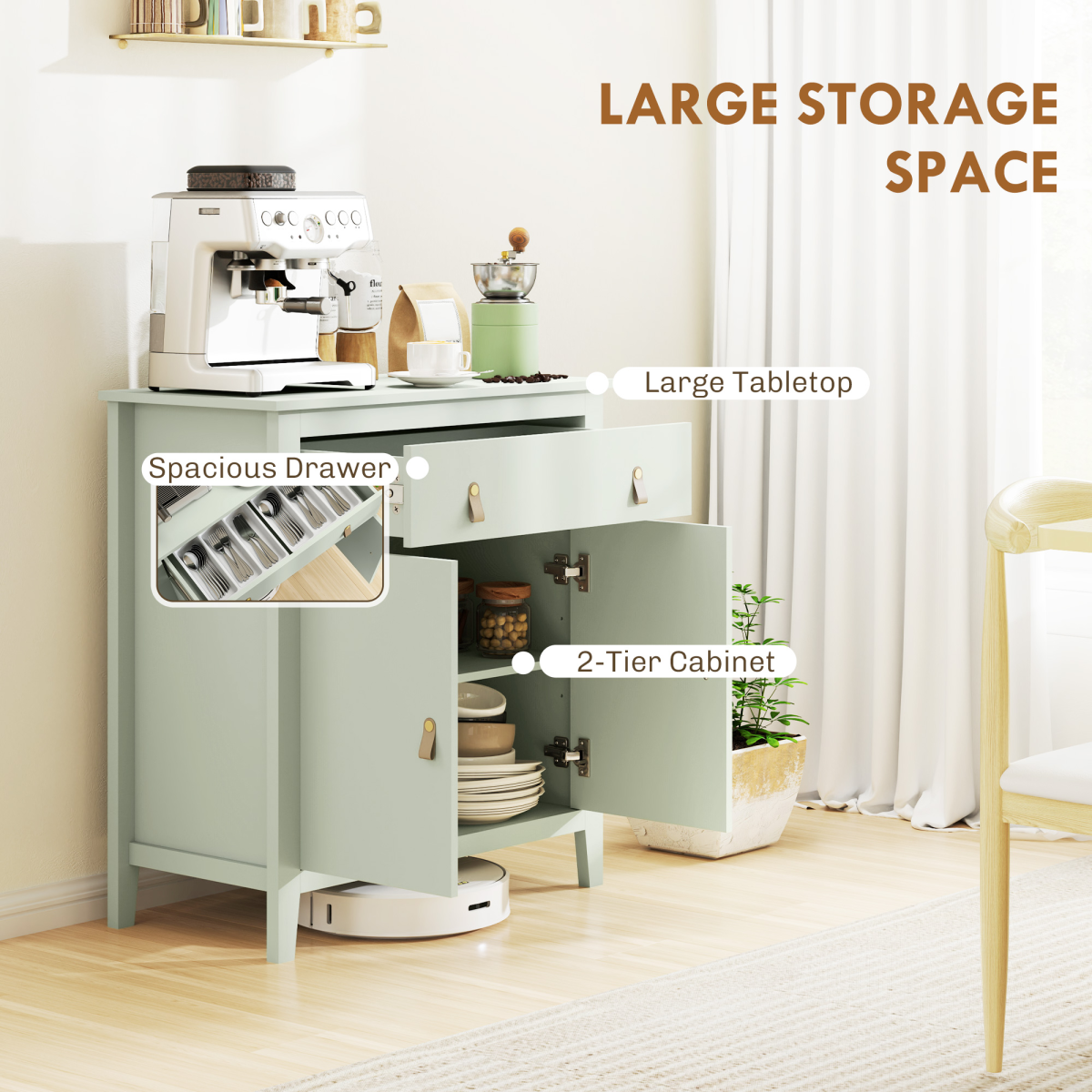 HOMCOM Sideboard with Drawer and Adjustable Shelf – Kitchen and Living Room Storage Cabinet, Light Green