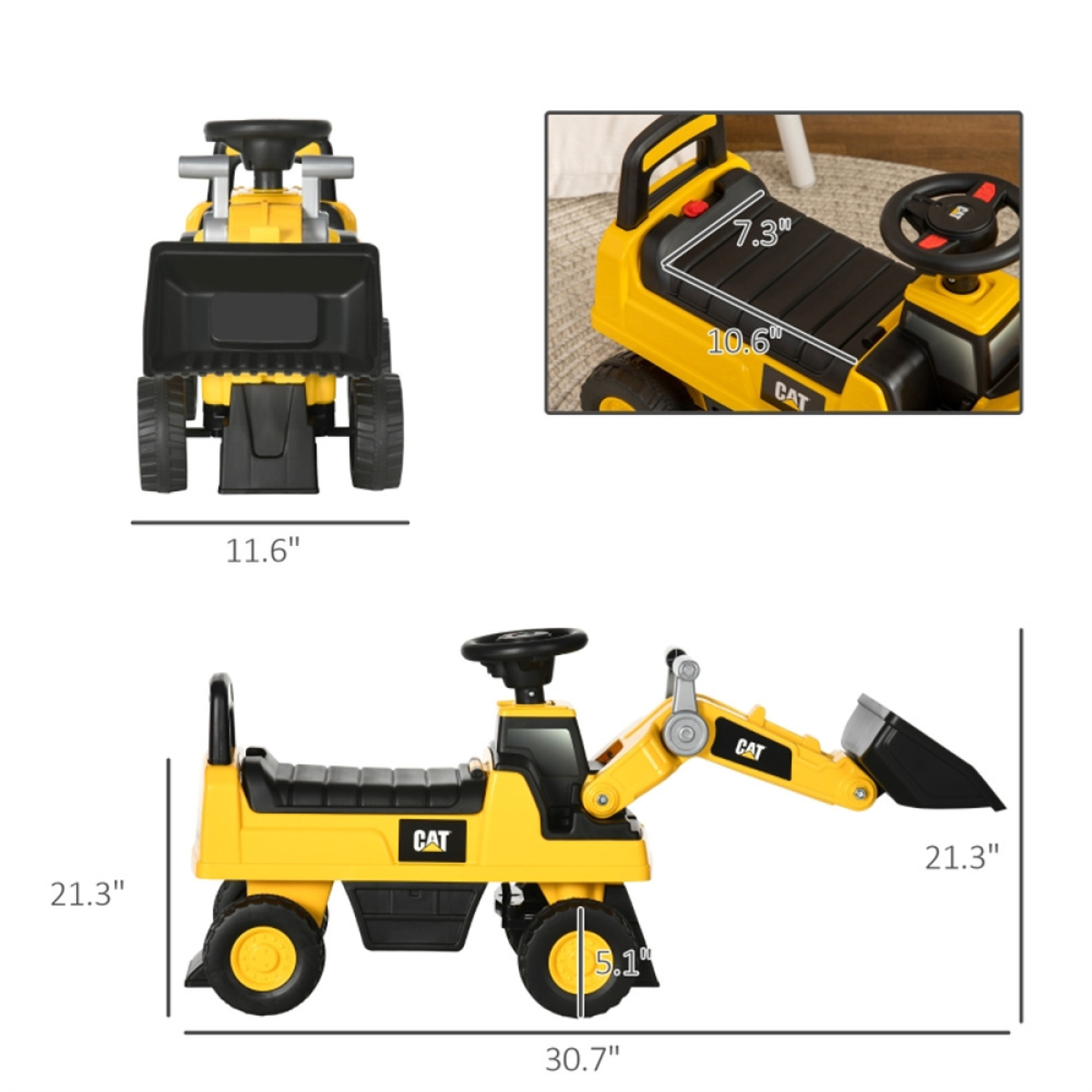 Kids Ride-On Excavator with Lights, Music, Helmet & Under-Seat Storage – 2-in-1 Digger Toy for Ages 2–3, Yellow