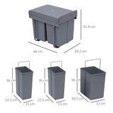 HOMCOM 40L Pull-Out Recycling Bin for Kitchen Cupboards with Separate Inner Bins – Grey
