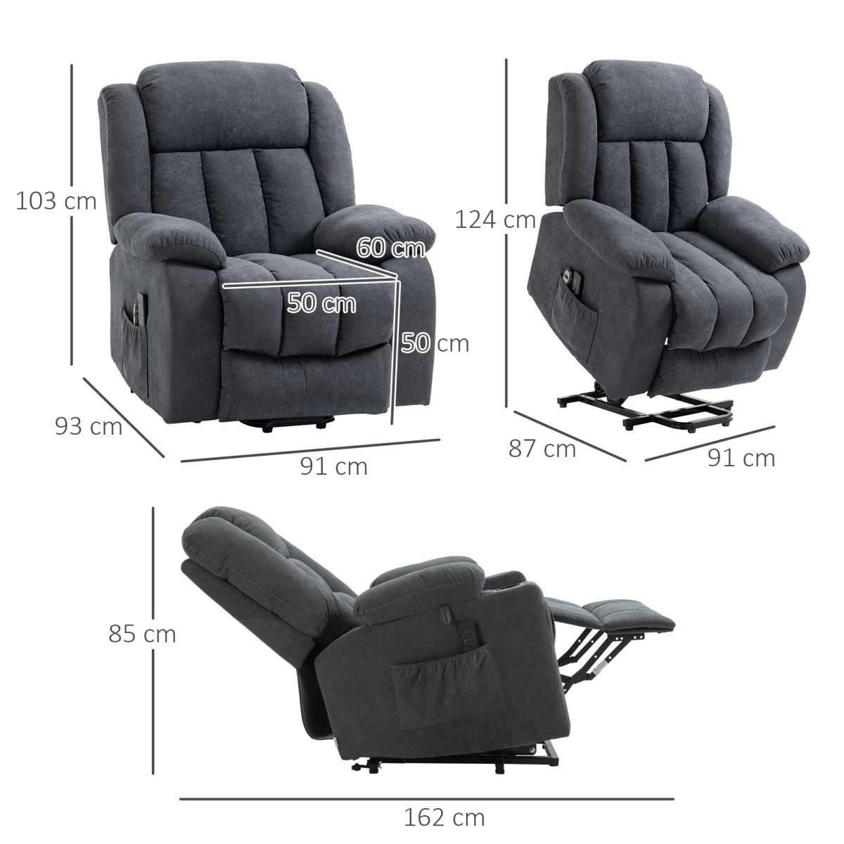 HOMCOM Heavy Duty Riser Recliner Lift Chair with Electric Recline & Handset Control – Dark Grey