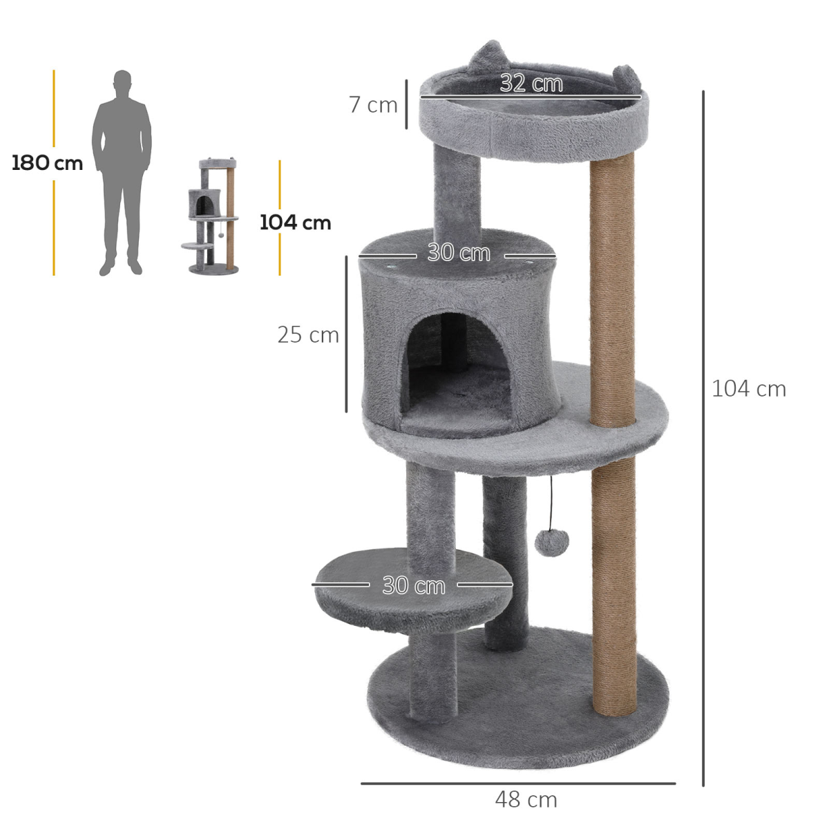 PawHut 104cm Deluxe Cat Activity Tree with Sisal Scratching Posts, Ear Perch, House & Hanging Ball – Grey