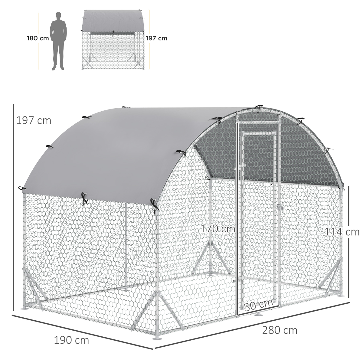 PawHut Galvanised Steel Chicken Run with Canopy Cover and Lockable Door – 2.8 x 1.9 x 2 m Hen House
