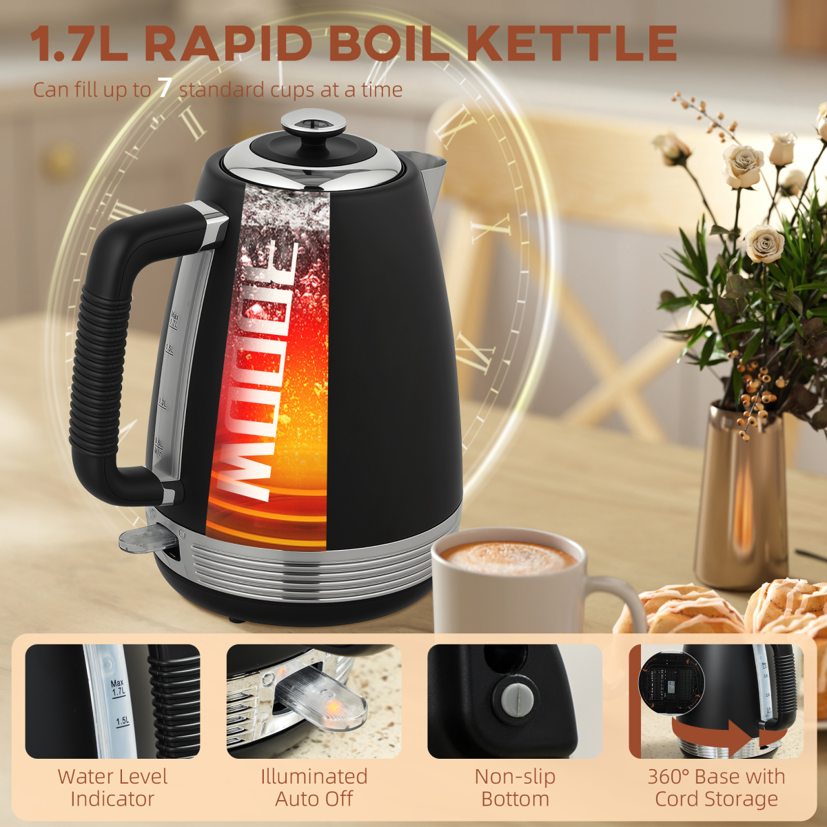 HOMCOM 1.7L 3000W Quick Boil Kettle & 4-Slice Toaster Set – Matching Breakfast Duo, Black
