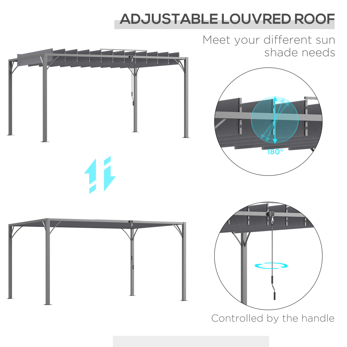 Outsunny 4 x 3m Metal Pergola with Retractable Louvred Roof – 135° Louvres, UV50+ Protection, Grey