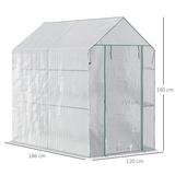 Outsunny Walk-In Garden Greenhouse with 4 Wire Shelves, Roll-Up Door & PE Cover – 186 x 120 x 190cm, White