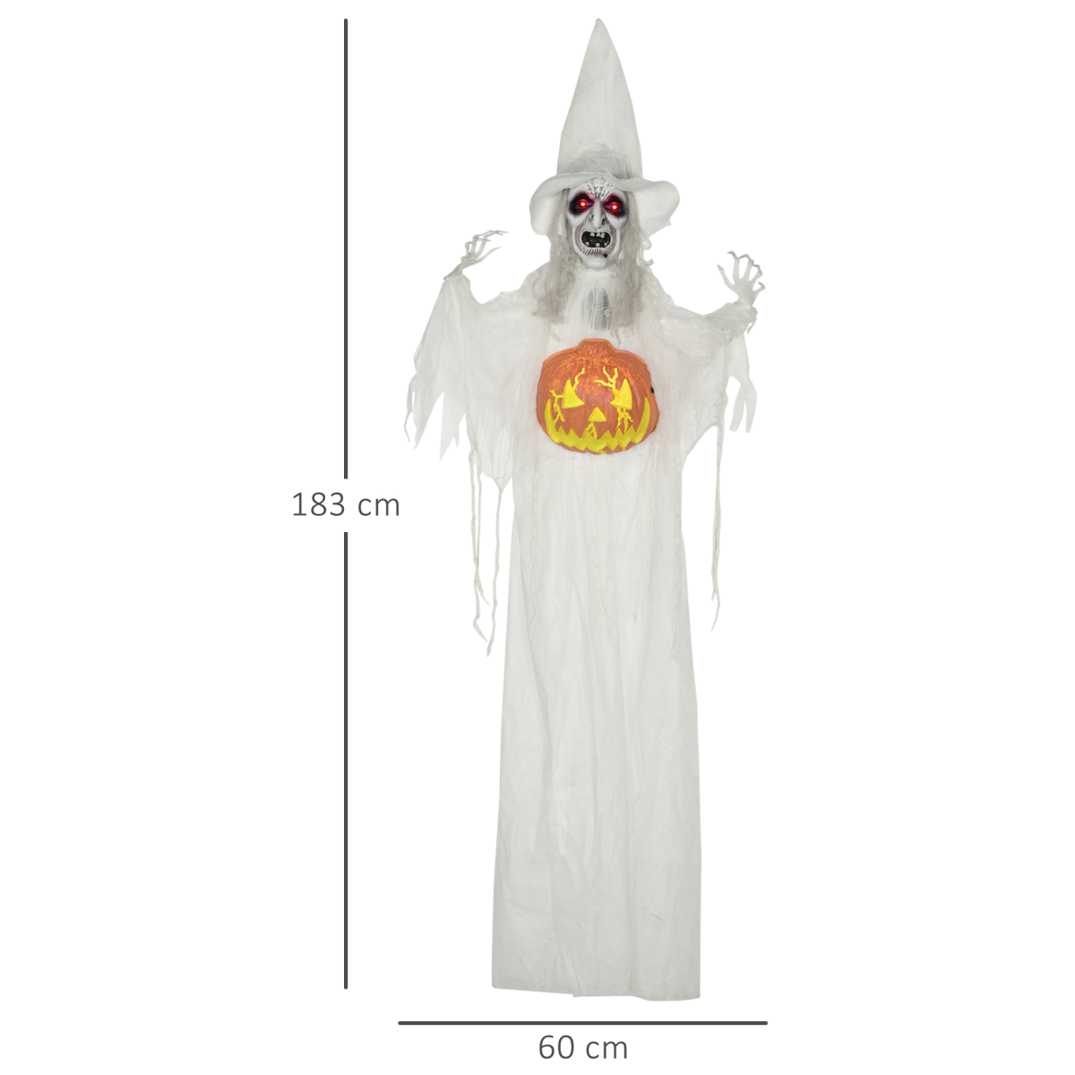 HOMCOM Life Size Witch Prop with Motion and Sound Activation, Light-Up Eyes – Halloween Decoration, White
