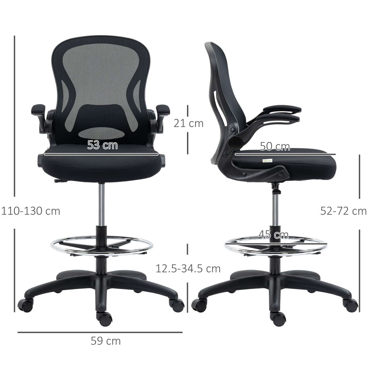 Vinsetto Tall Draughtsman Chair with Flip-Up Arms & Footrest Ring – Drafting Stool, Black