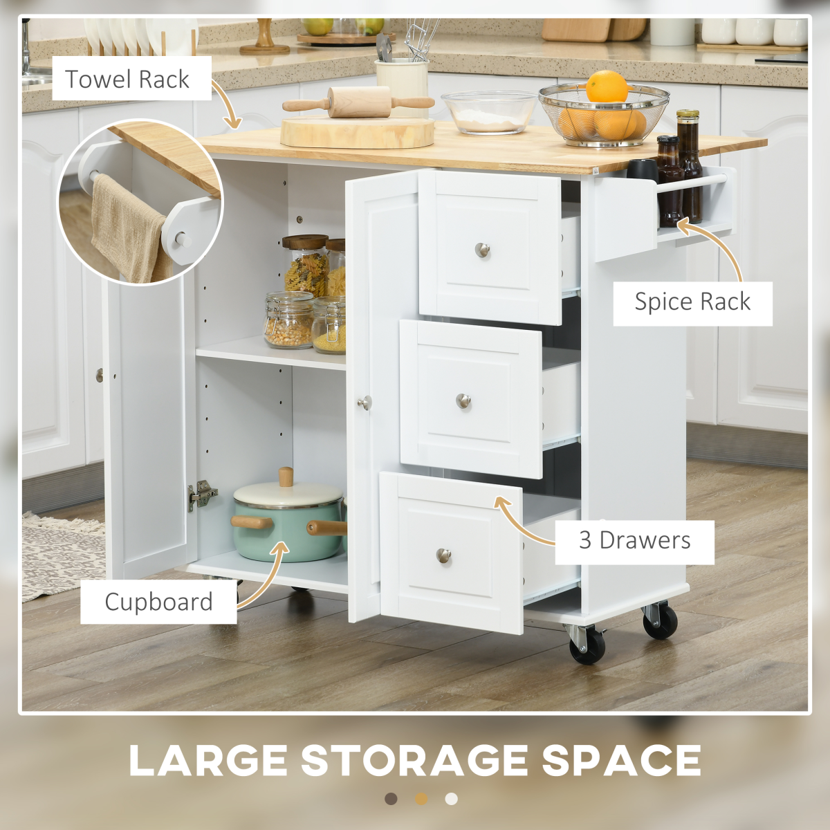HOMCOM Kitchen Island Cart on Wheels with Drop Leaf, 3 Drawers & Cabinet – Rolling Kitchen Storage, White