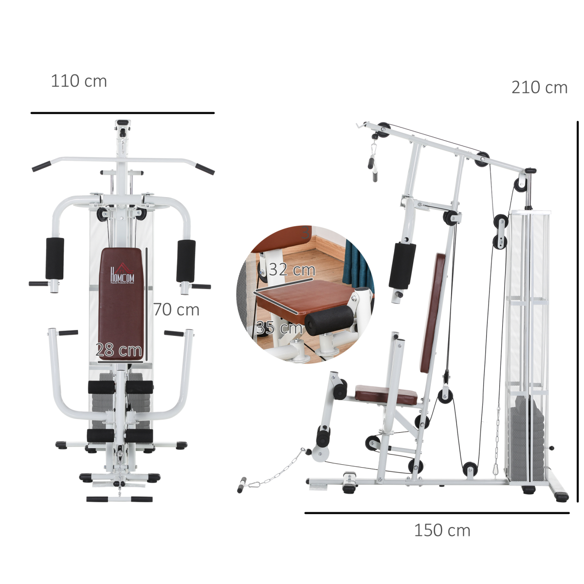 HOMCOM Multifunction Home Gym Station with 45kg Weight Stack – Full Body Strength Training Machine, White