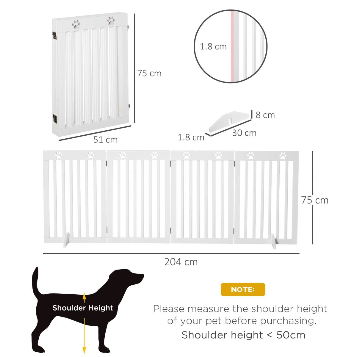 Pawhut Foldable Freestanding Dog Gate with Support Feet – MDF Pet Safety Barrier for Doorways & Stairs, White