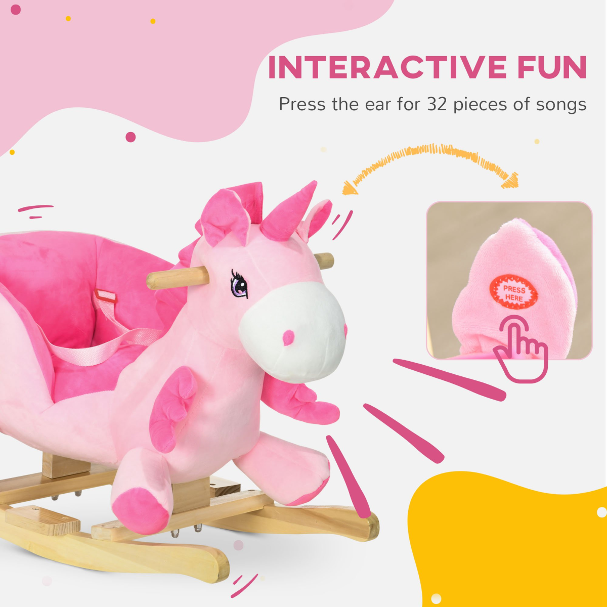 Kids Rocking Horse with Metal Frame, Seatbelt & 32 Songs – Toddler Ride-On Toy for Ages 18+ Months, Pink