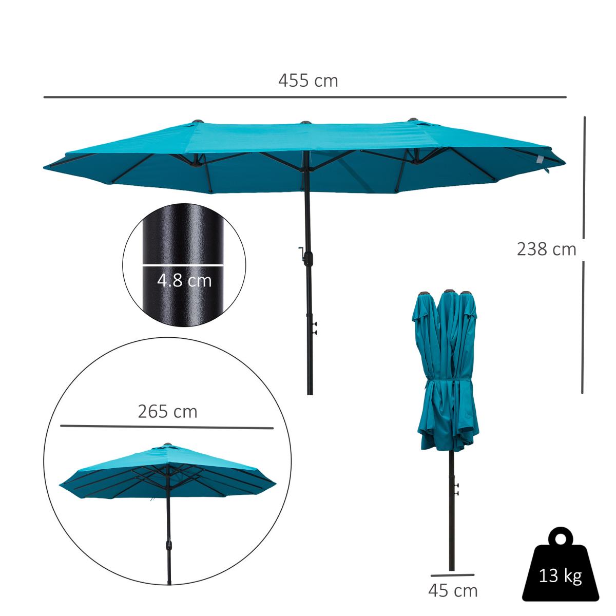 Outsunny 4.6m Double Canopy Patio Umbrella Parasol with Crank Lift, 12 Ribs – Garden Sun Shade without Base, Blue