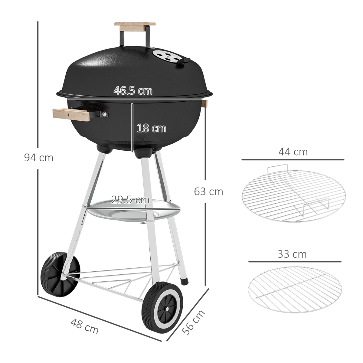 Outsunny Steel BBQ Grill with Porcelain Enamel Lid, Air Vents & Bottom Shelf – Wheeled Barbecue, 85cm High