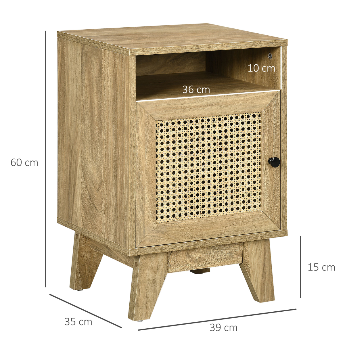 HOMCOM Bedside Table with Drawer and Shelf, Rattan Door Panel – Wood-Effect Nightstand, Anti-Tipping