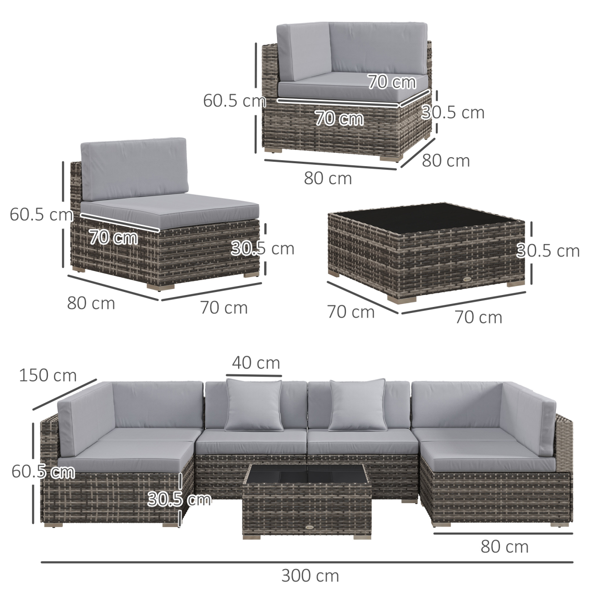 Outsunny 7-Piece Rattan Garden Furniture Set with Cushioned Sofas & Tempered Glass Coffee Table, Grey