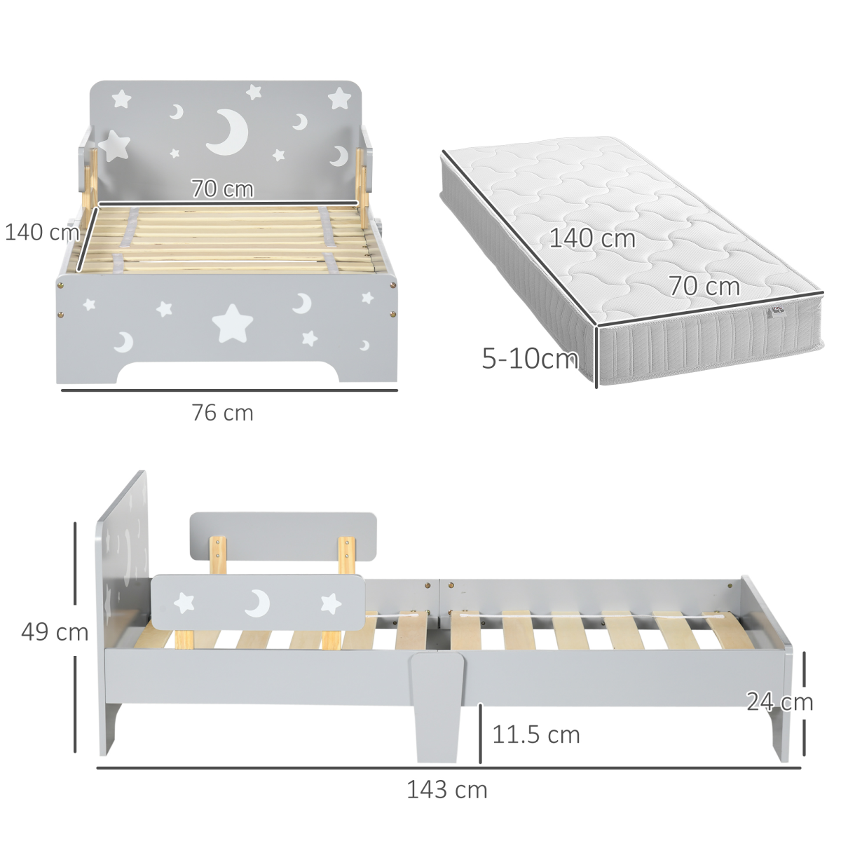 Kids Toddler Bed with Star & Moon Design and Safety Rails – Grey Children's Bed Frame, Ages 3-6