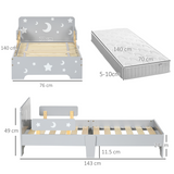 Kids Toddler Bed with Star & Moon Design and Safety Rails – Grey Children's Bed Frame, Ages 3-6