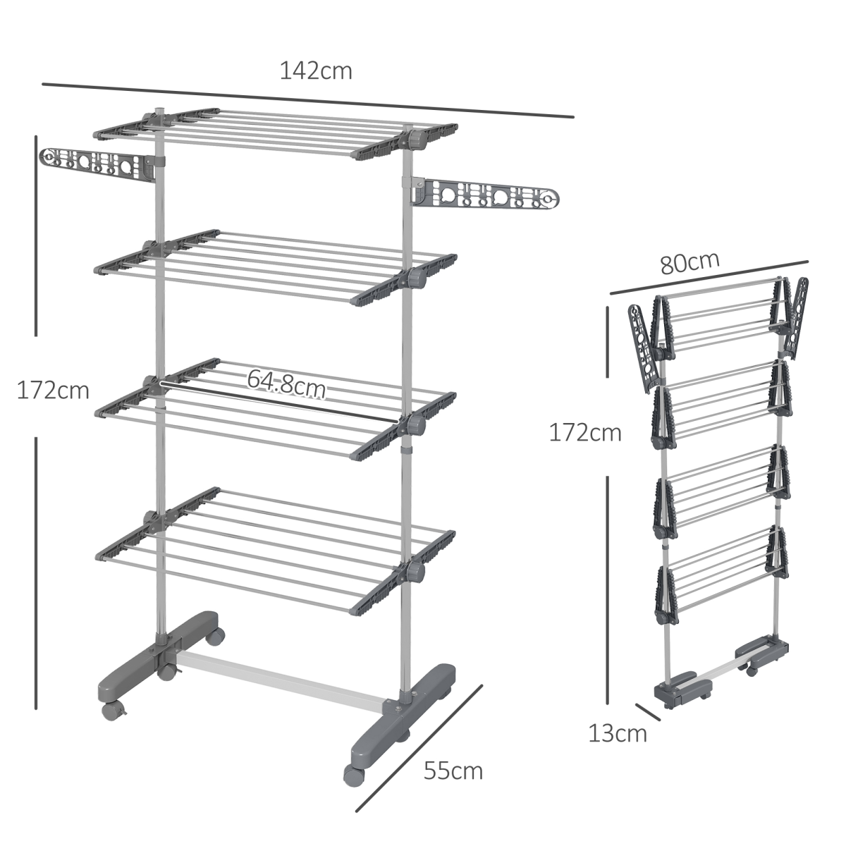 HOMCOM 4-Tier Stainless Steel Clothes Airer with Adjustable Shelves – Foldable Indoor and Outdoor Drying, Grey