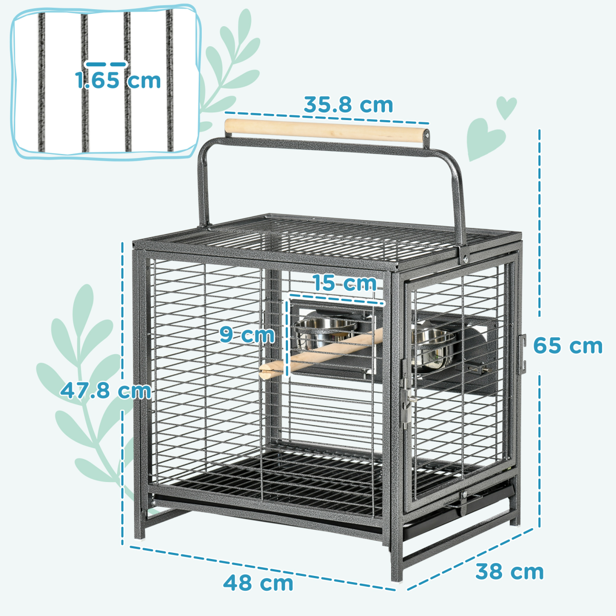 PawHut Parrot Cage Bird Carrier with Wooden Perch and Carry Handle – Steel Travel Cage, Black