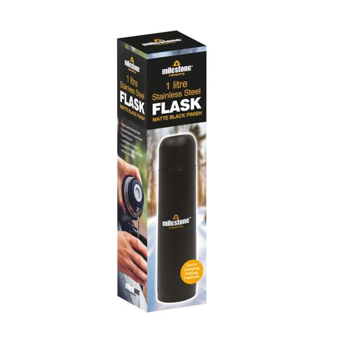 Milestone Double Walled Stainless Steel Vacuum Flask 1 Litre – Everyday Drinks Flask, Matt Black Finish