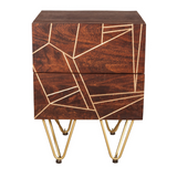 Indian Hub 2 Drawer Side Table with Dark Gold Metal Inlay – Solid Wood Bedside & Sofa Storage