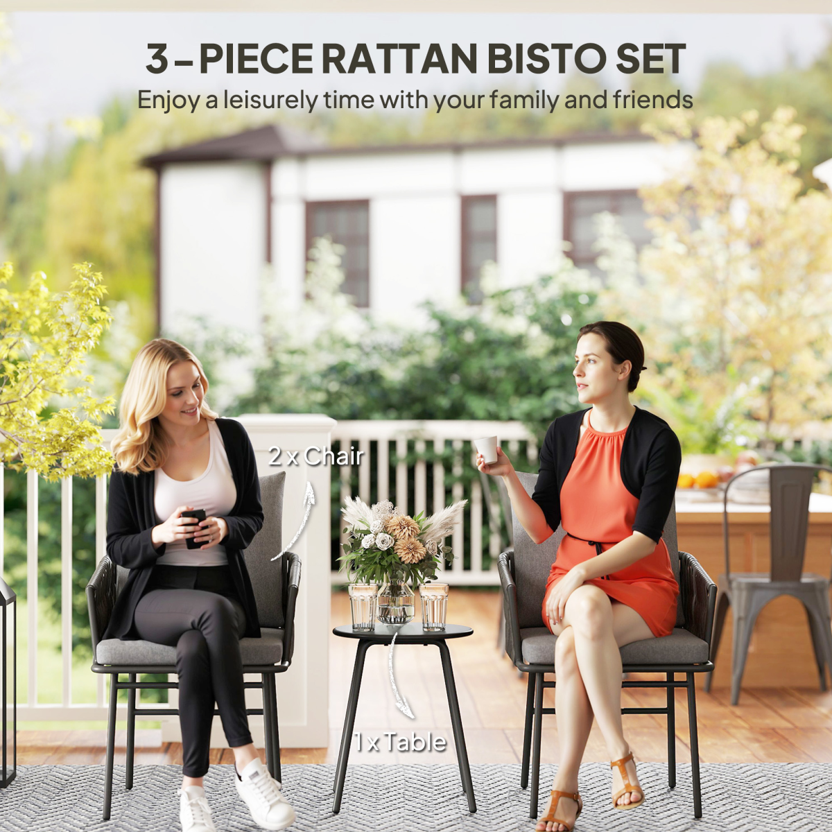 Outsunny 3-Piece Rattan Bistro Set with 2 Cushioned Chairs & Round Metal-Top Table – Balcony Furniture, Grey