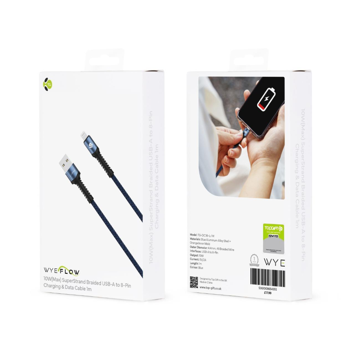 WYEFLOW 10W SuperStrand Braided USB to 8-Pin Charging & Data Cable 1m – Aluminium Shell, Blue