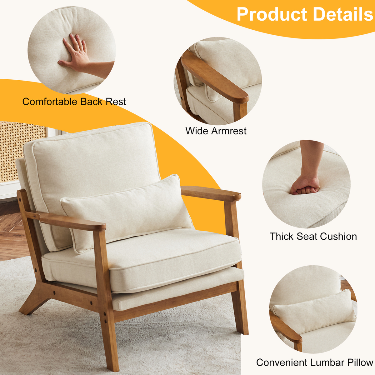 Upholstered Single Lounge Chair with Solid Wood Armrests – Mid-Century Modern Accent Armchair, Off-White