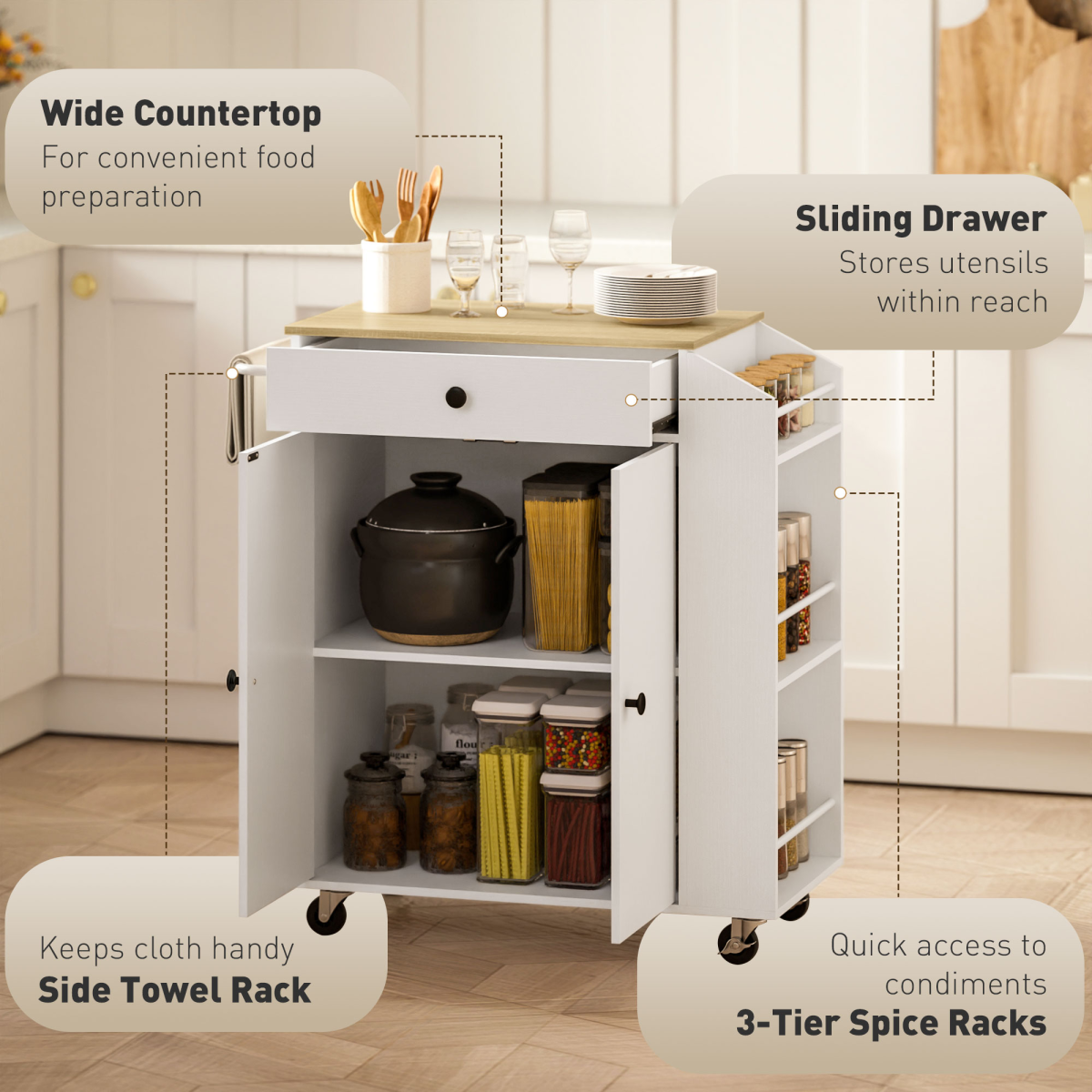 HOMCOM Kitchen Island with 3-Tier Spice Rack, Drawer, Cabinet and Towel Rack – Mobile Kitchen Cart on Wheels, White Oak