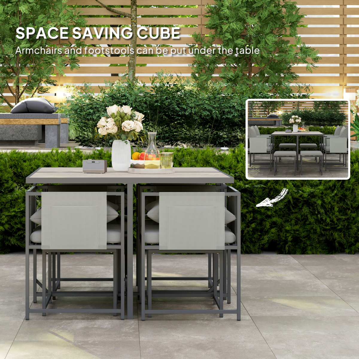 Outsunny 8-Seater Square Garden Dining Set with Cushions, 4 Armchairs & 4 Footstools – 9-Piece Patio Set