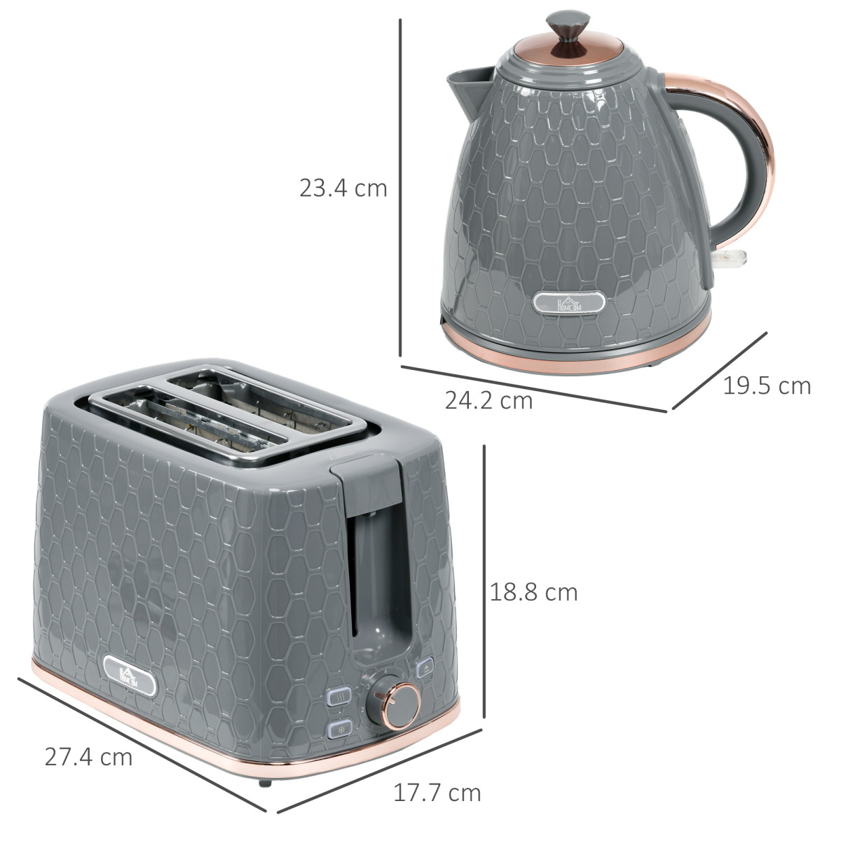 HOMCOM 1.7L Fast Boil Kettle and 2-Slice Toaster Set with 7 Browning Levels – Honeycomb Design, Grey