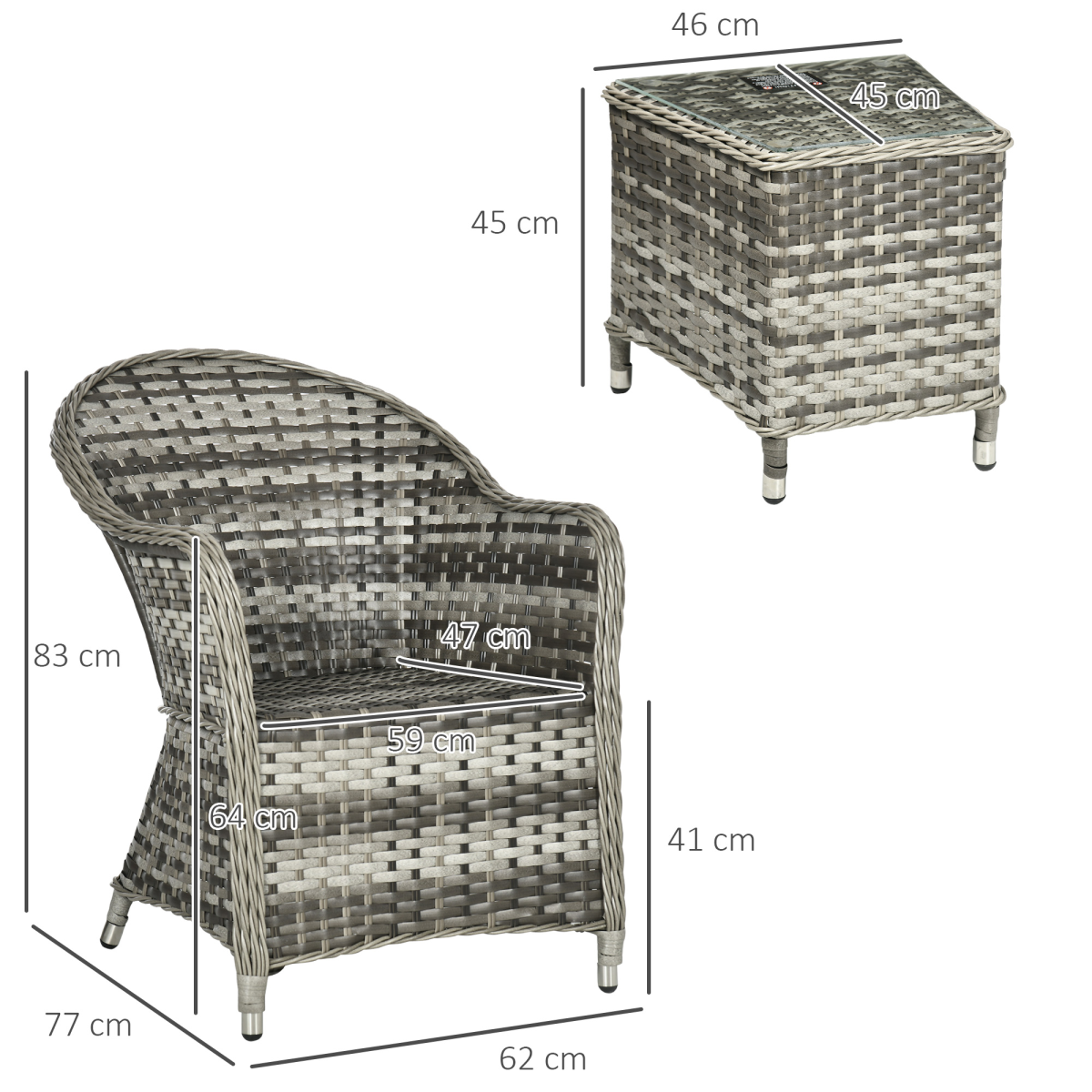 Outsunny 3-Piece Aluminium Rattan Bistro Set with Cushions & Tempered Glass-Top Table – Garden & Balcony Seating