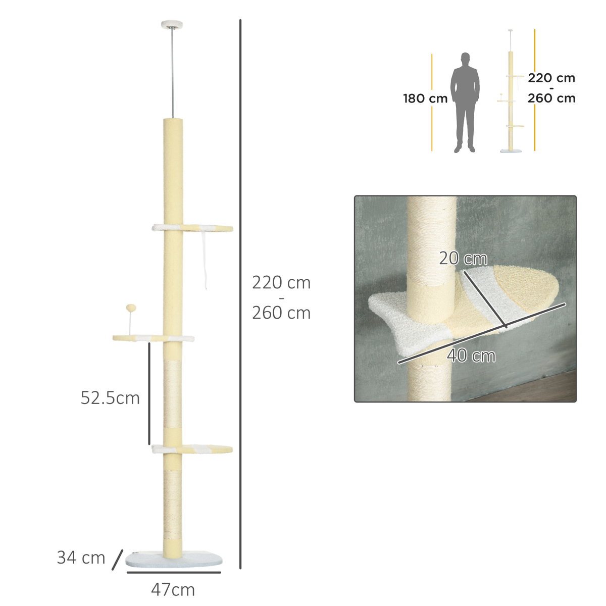 260cm Adjustable Floor-to-Ceiling Cat Tree with Jute Scratching Post and Plush Perches – Tall Cat Tower, Yellow