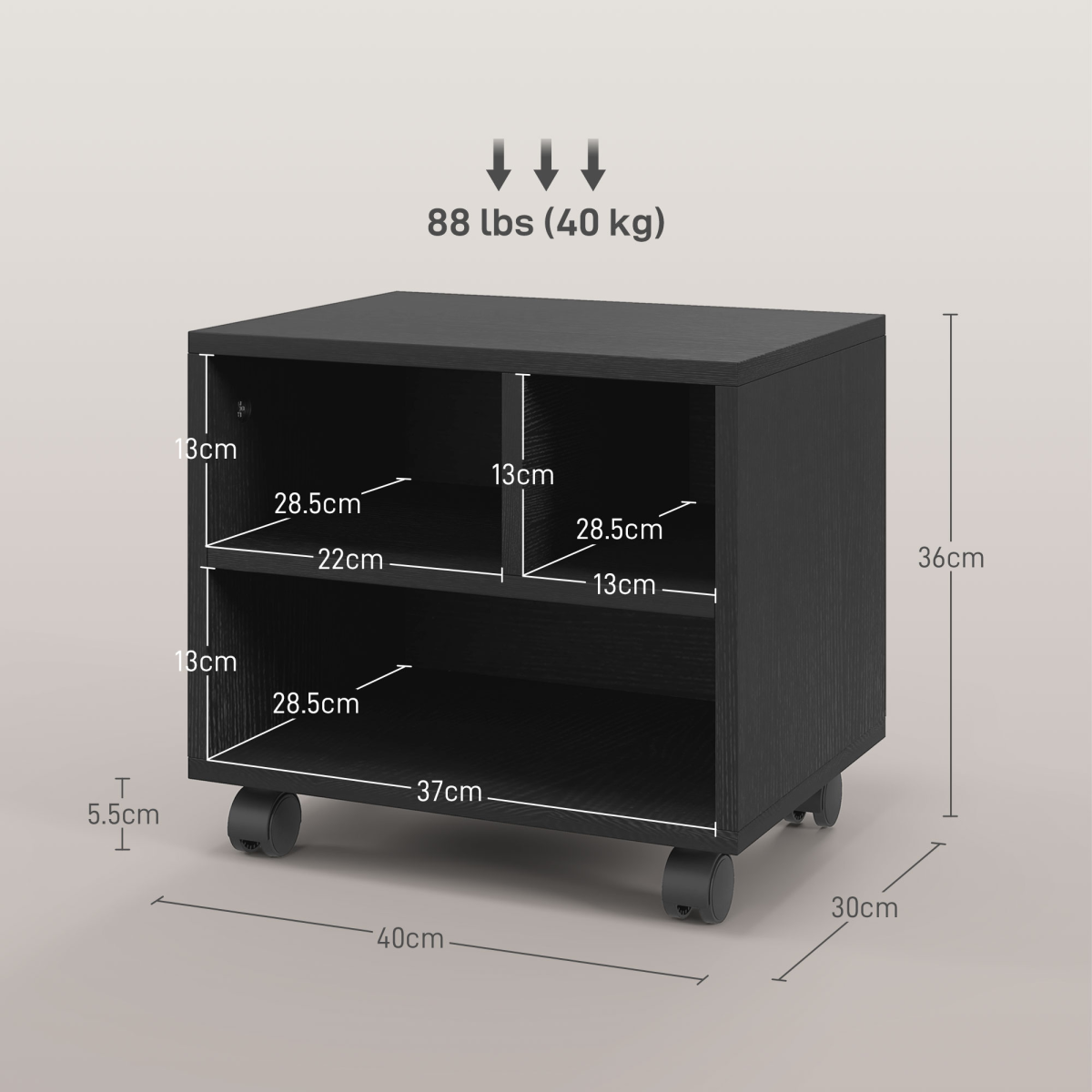 HOMCOM Printer Stand with 3 Compartments and Lockable Wheels – Home Office Storage Cart, 40kg Capacity, Black