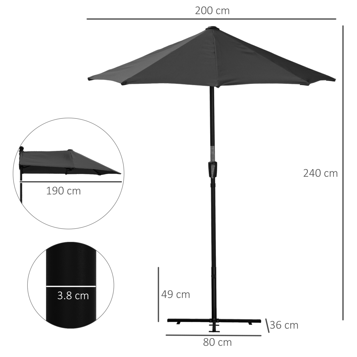 Outsunny 2m Half Garden Parasol with Crank Handle & Double-Sided Canopy – Wall-Side Shade, Black Base