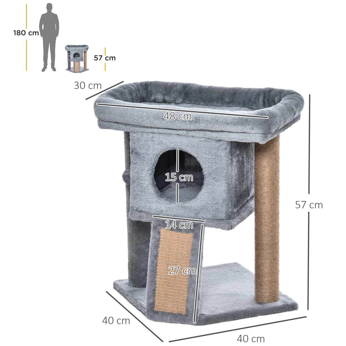 Pawhut Multilevel Cat Tree with Cat House, Jute Scratching Pad and Hanging Toy Ball – Plush Activity Centre, Grey
