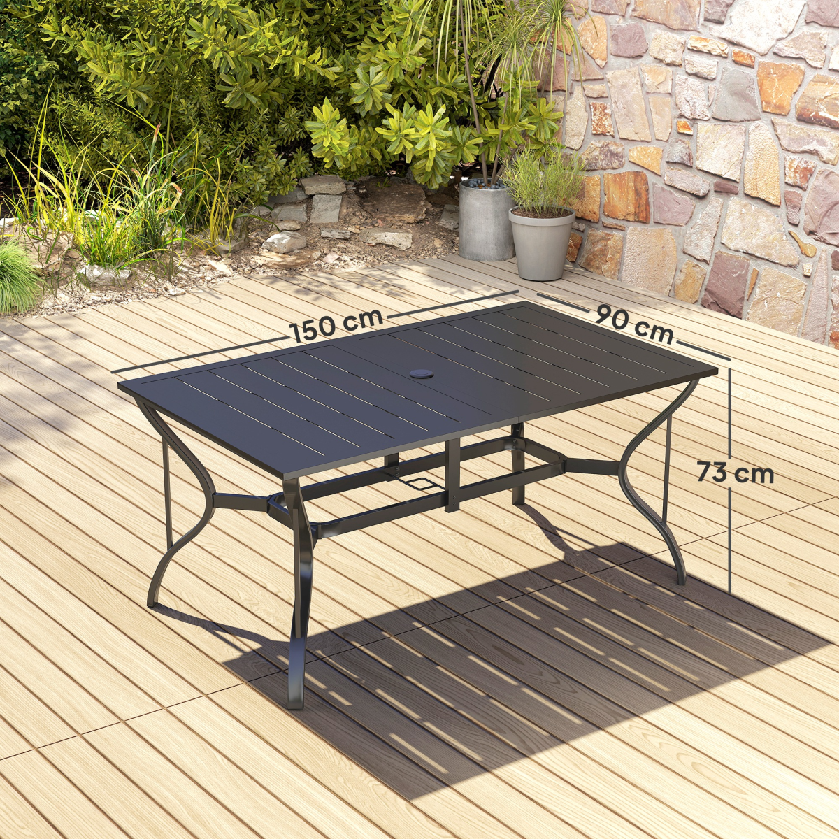 Outsunny Steel Garden Dining Table with Slatted Top & 42mm Parasol Hole – Seats 6, Black