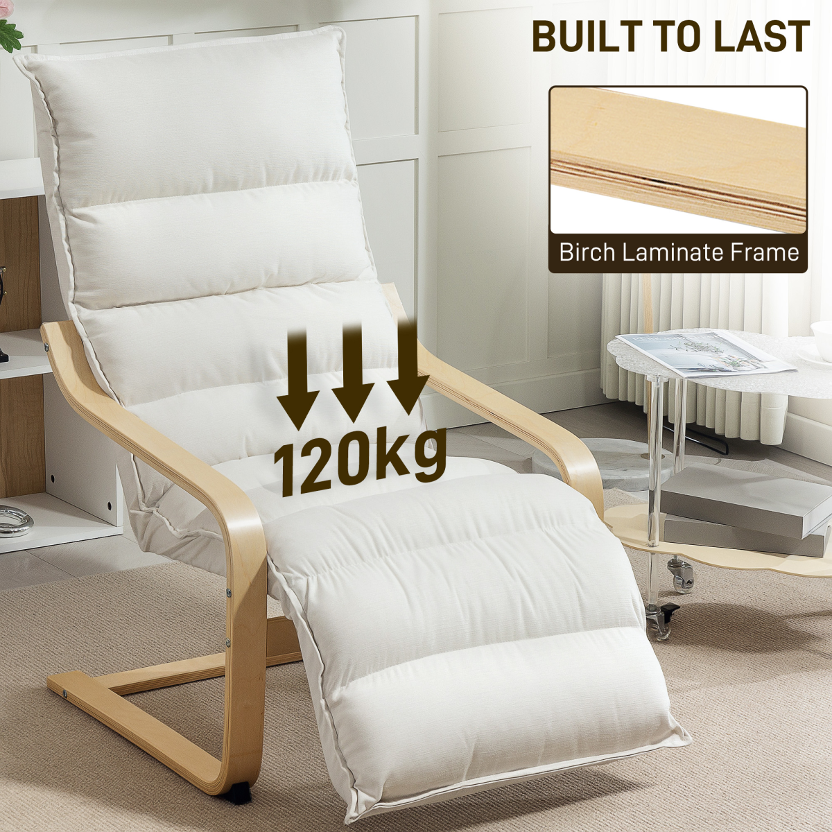 Rocking Lounge Chair with 5-Position Adjustable Footrest & Birch Wood Frame – Velvet-Feel Armchair, Cream White
