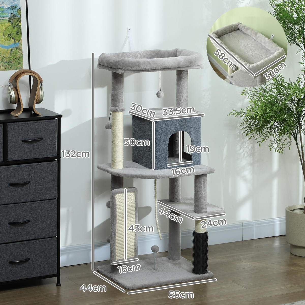 PawHut 132cm Cat Tree for Indoor Cats with Scratching Posts, Cat House, Bed & Anti-Tip Kit – Light Grey