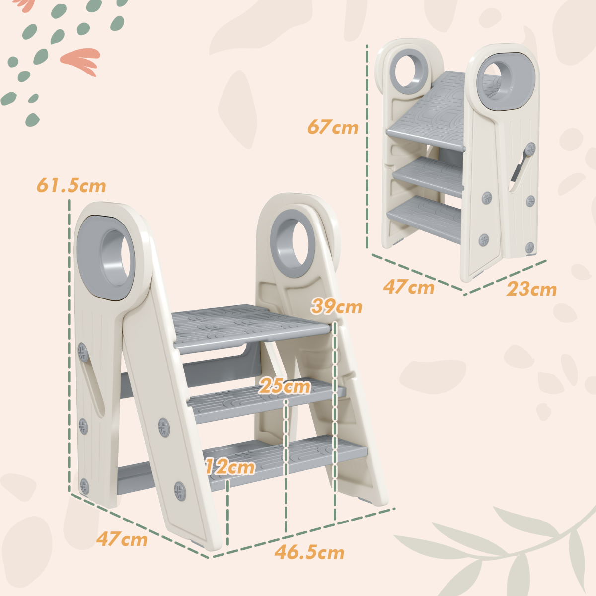 AIYAPLAY Foldable Toddler Tower with Adjustable Height, Handle and Non-Slip Steps – Kitchen Helper Stool, Grey