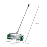 Outsunny Lawn Aerator Roller with Adjustable Handle – Galvanised Steel Spiked Garden Roller, Green/Silver