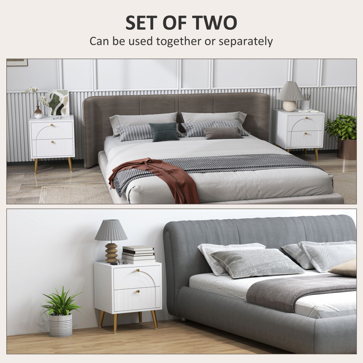 HOMCOM Set of 2 Bedside Tables with 2 Drawers – Arched Embossed Design with Gold Tone Pulls, White