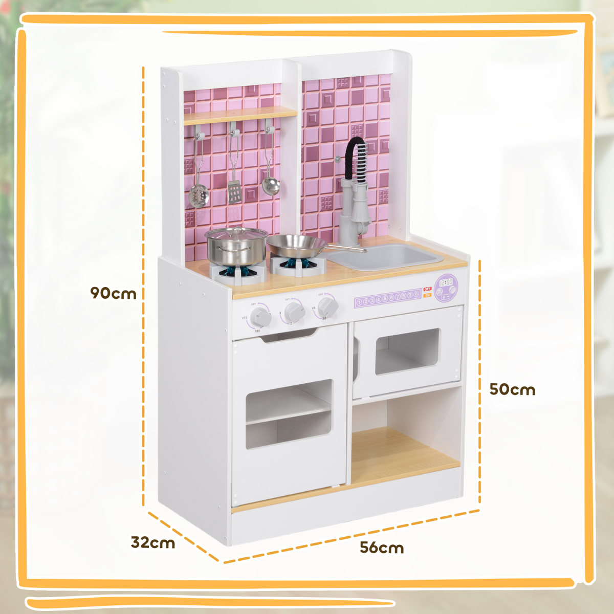 AIYAPLAY Kids Play Kitchen with Light & Sound Stove, Oven, Sink & Storage – Role Play Cooking Set, White