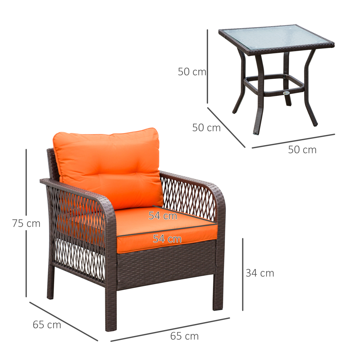 Outsunny 3-Piece Rattan Bistro Set with Tempered Glass Table & Padded Cushions – Patio Garden Furniture, Orange