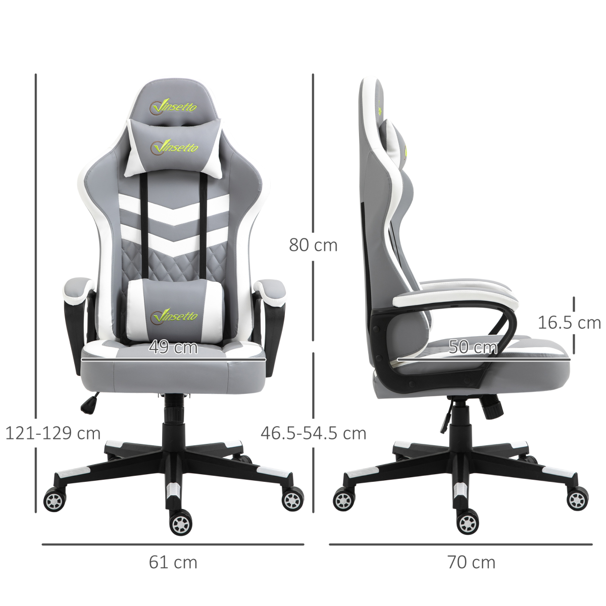 Racing Gaming Chair with Lumbar Cushion & Headrest Pillow, Height Adjustable – PVC Leather Study Chair, Grey & White