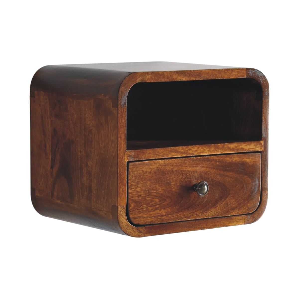 Artisan Furniture Extra Mini Wall-Mounted Bedside Table with 1 Drawer & Open Shelf, Solid Mango Wood – Dark Brown